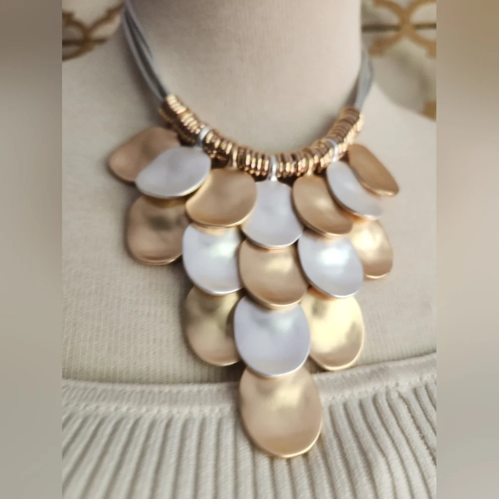 💛Goldtone and Silvertone🤍 Disc Statement Piece w/ Silvertone Cord Necklace - Picture 12 of 16